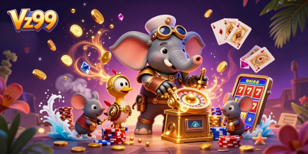 Engage with Vz99's casino adventure featuring a steampunk elephant and vibrant gaming elements.