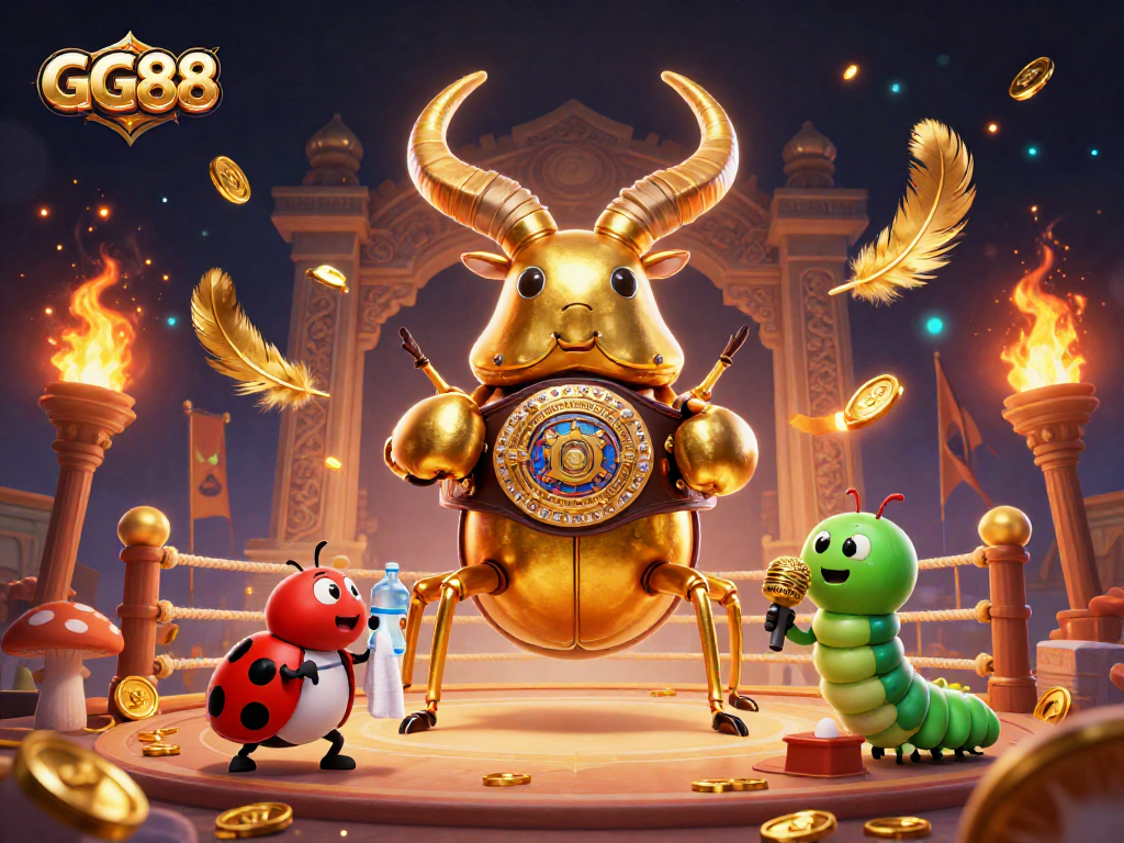 Engage with thrilling GG88 casino action featuring a golden stag beetle boxing champion in a vibrant arena.