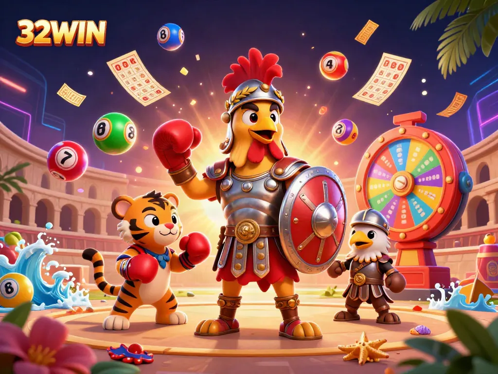 Experience the excitement of gaming with 32WIN in a vibrant 3D illustration showcasing action-packed casino elements.