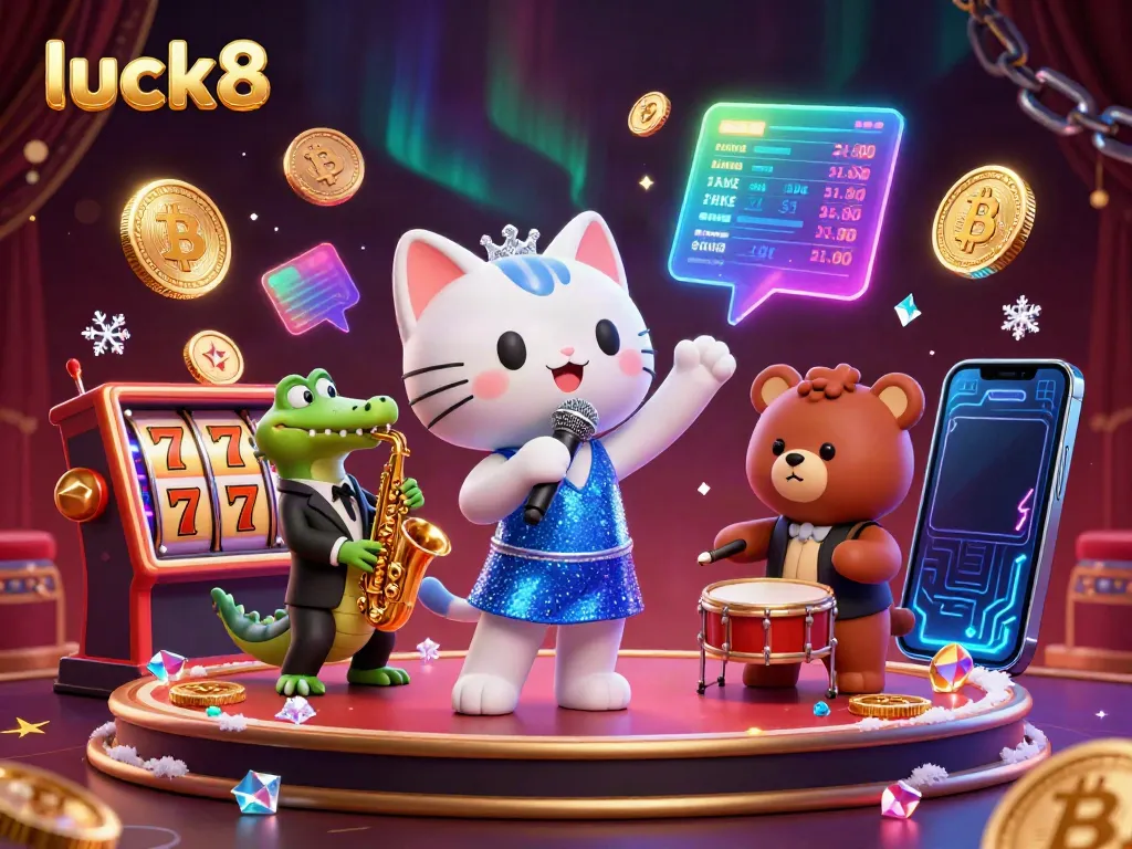 Experience the thrilling luck8 casino atmosphere with vibrant characters and crypto elements.