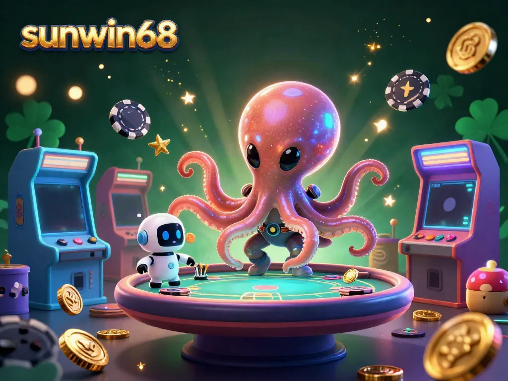Engage in thrilling poker action with sunwin68's extraterrestrial octopus and robot duo amidst dazzling casino elements.