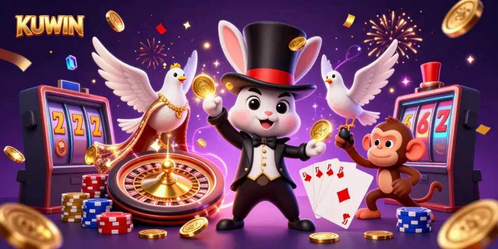 KUWIN magician rabbit pulling coins, dazzling casino scene with vibrant elements.