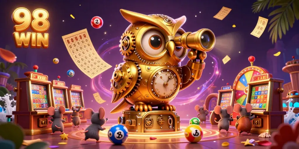 Experience the thrill of 98 WIN with a lively 3D casino scene featuring a golden owl and lively game elements.