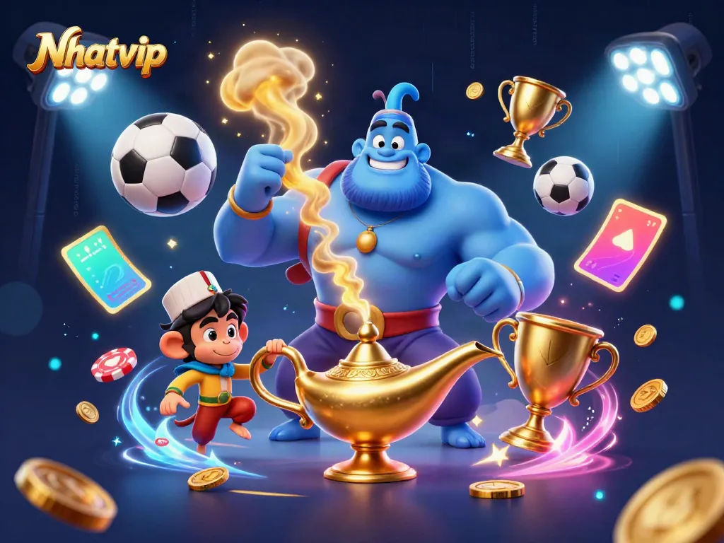 Nhatvip showcases a magical scene with a blue genie, poker chips, and dynamic sports elements for an engaging online gambling experience.