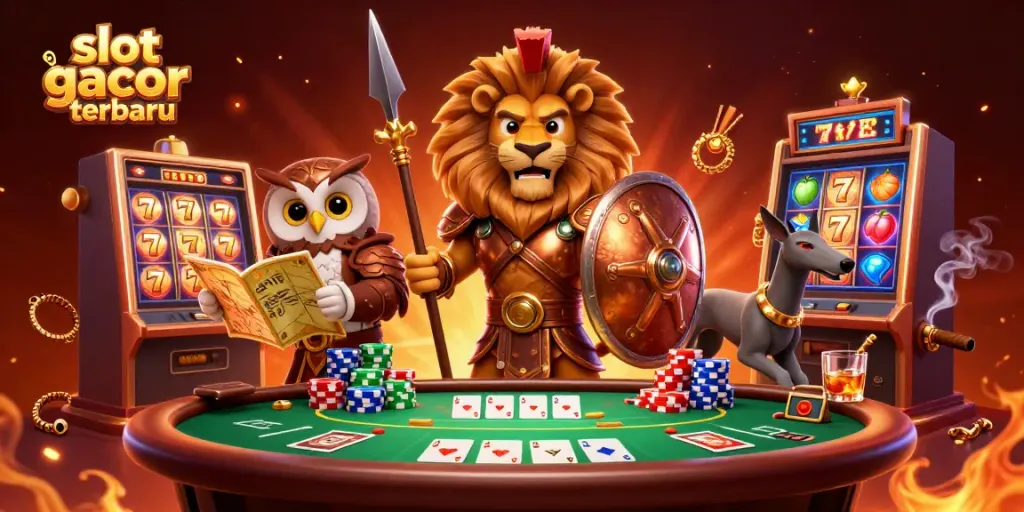 A captivating scene depicting slot gacor terbaru with a Spartan lion, owl strategist, and greyhound messenger amidst dynamic slot machine elements and colorful chips.