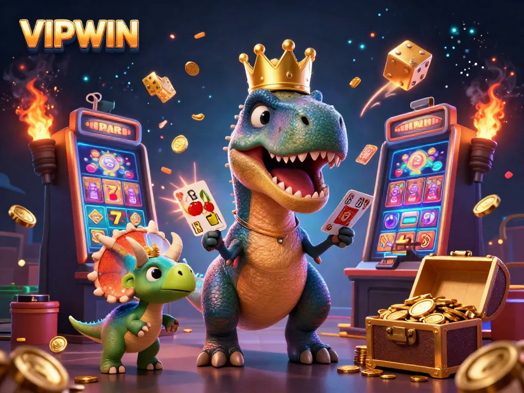 Experience the excitement at VIPWIN with cartoon dinosaurs playing cards amidst a jackpot explosion.
