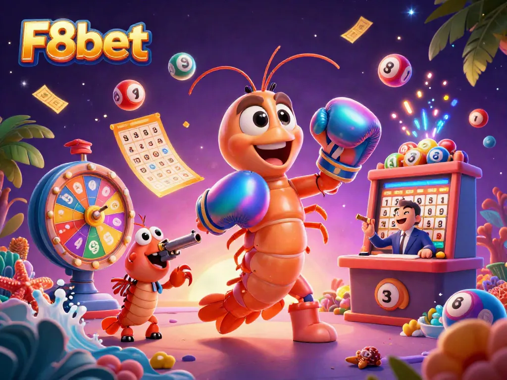 Join the dynamic action at F8bet with colorful lottery balls, boxing shrimp characters, and vibrant game elements.
