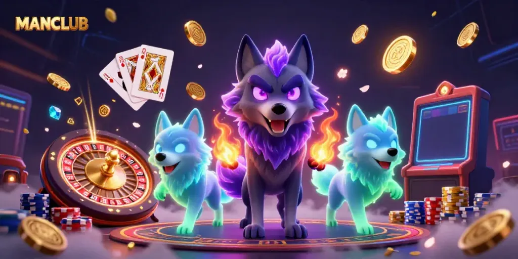 Experience winning moments with MANCLUB in a vibrant 3D casino scene filled with excitement.
