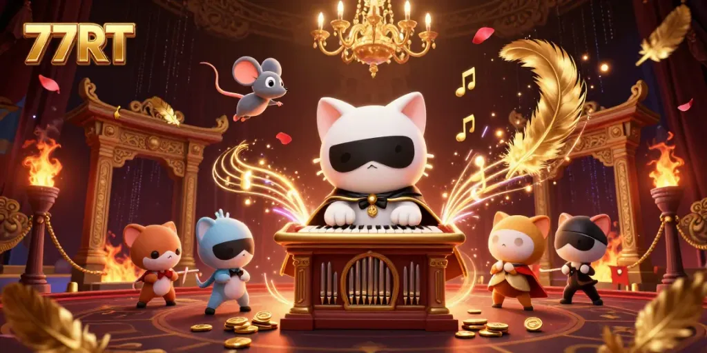 Experience the thrill of 77RT with a vibrant, animated casino scene featuring whimsical characters and lush visuals.