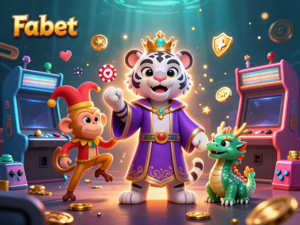 Experience thrilling gaming at Fa bet with a colorful casino scene featuring a tiger, monkey, and dragon.