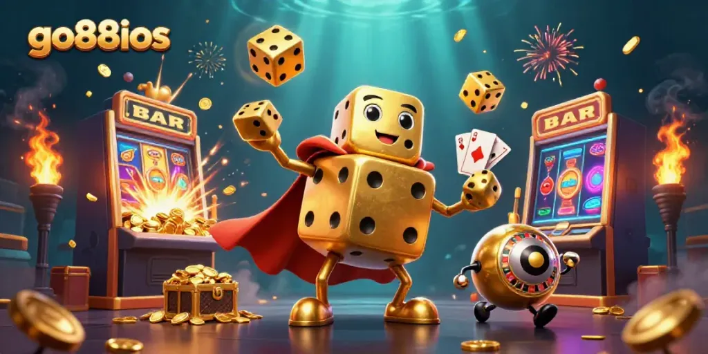 Experience the thrill of go88ios with a vibrant 3D illustration featuring golden dice and a jackpot explosion.