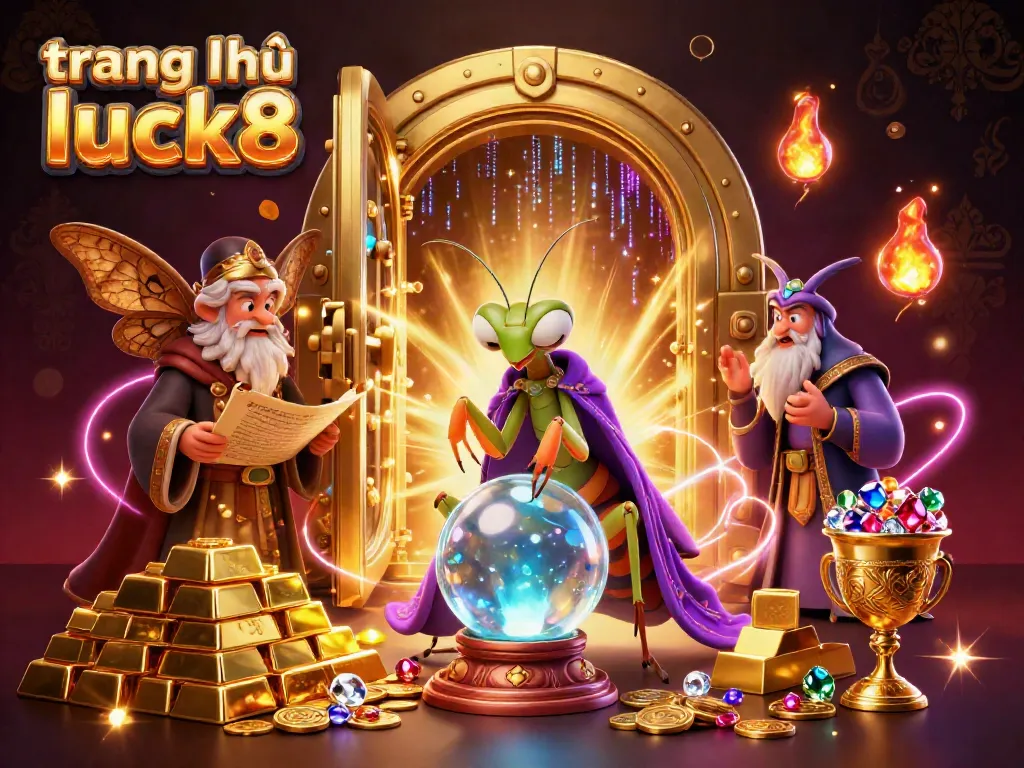 Engage with the vibrant world of trang chủ luck8, where a fortune teller and librarian reveal treasures in a compelling 3D scene filled with gold and jewels.