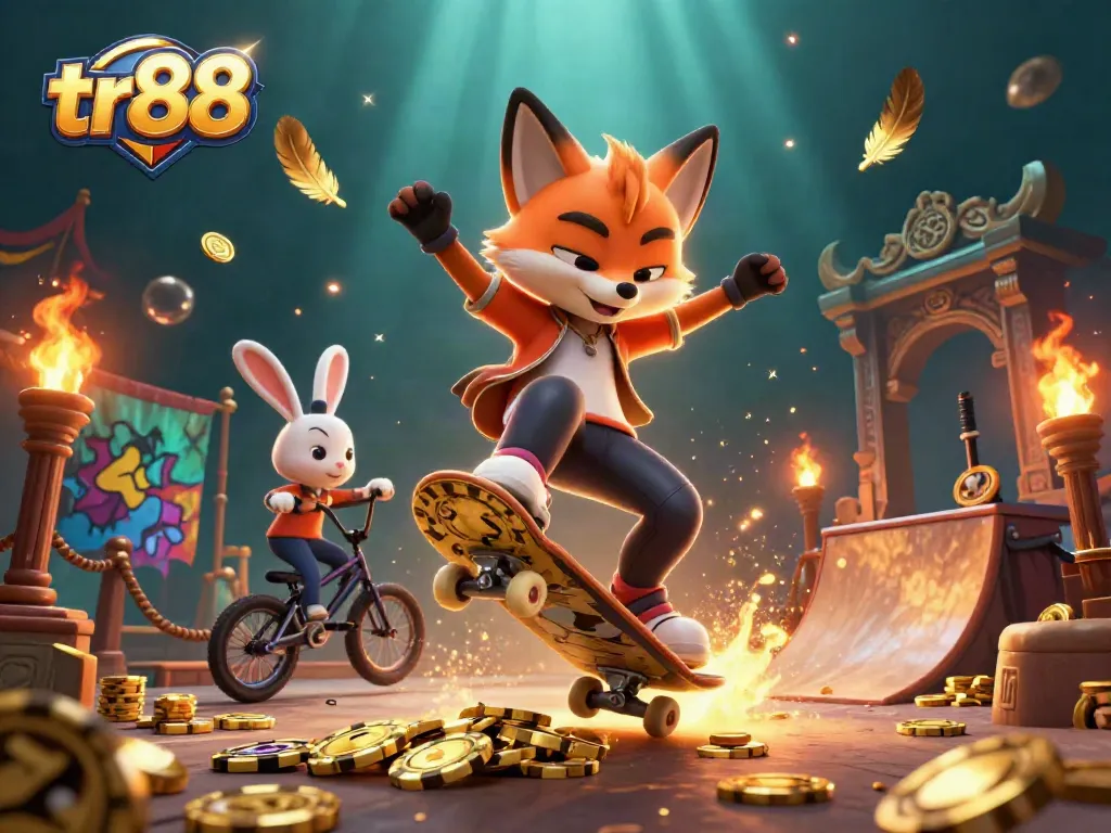 Experience thrilling gameplay with tr88's vibrant 3D casino scene featuring a skateboarding fox.