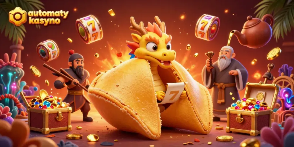 Experience automaty kasyno online with a vibrant 3D scene featuring fortune cookie characters surrounded by slot reels.