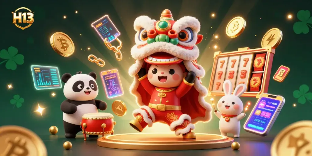 Experience dynamic gaming with H13 in this vibrant 3D scene featuring a festive lion dance and crypto elements.