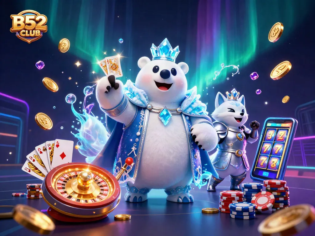 Engage with thrilling B52CLUB games featuring a dazzling scene of coins, cards, and casino excitement.