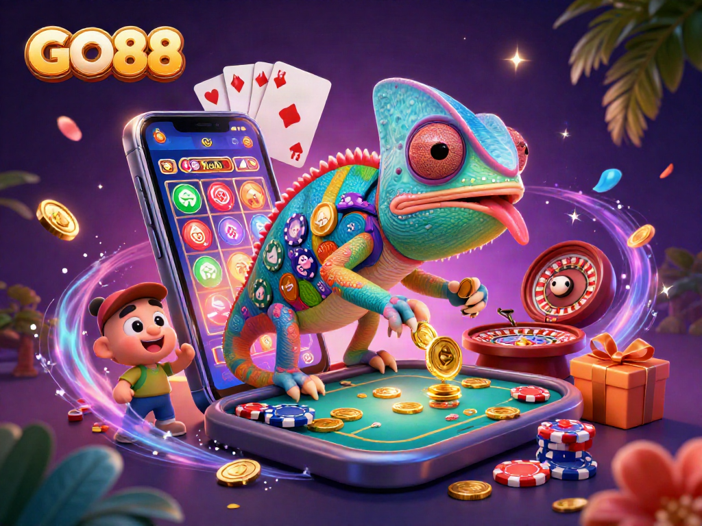 Experience the thrill of GO88 with a vibrant casino gaming scene featuring colorful slot reels and dynamic characters.