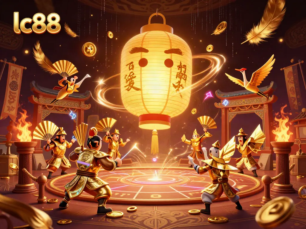 Engage in the vibrant lc88 casino scene featuring a glowing lantern spirit surrounded by warriors and gold.