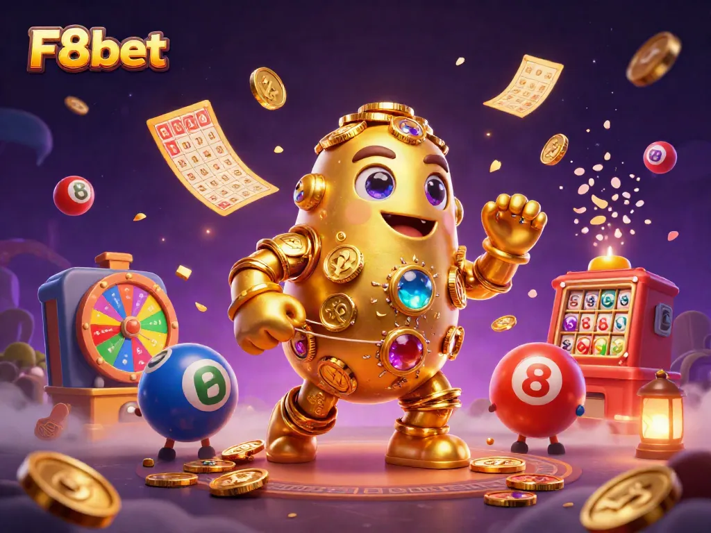 Spin and win with F8bet's dynamic lottery and gaming scene featuring a golden golem.