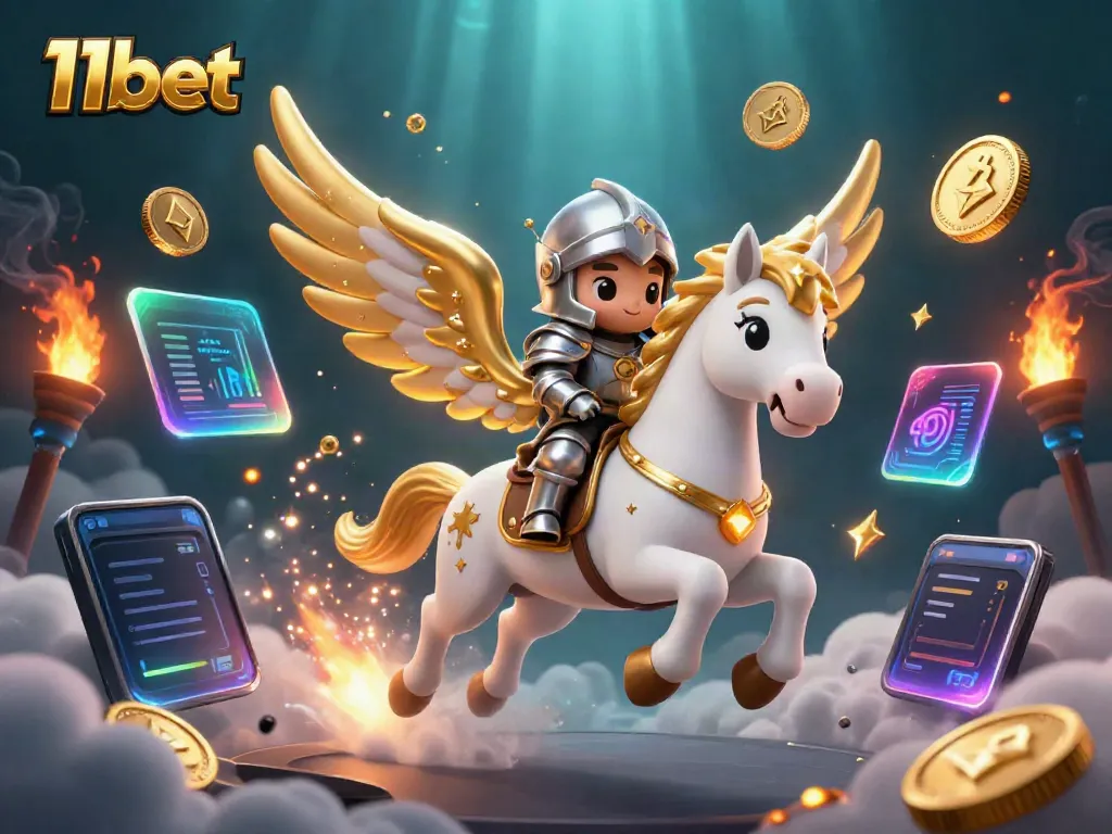 Engage with 11bet's vibrant fantasy scene featuring a powerful white horse and knight in a cosmic casino environment.