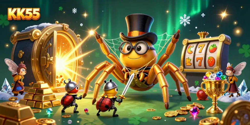 Experience KK55's thrilling slot adventure with golden treasures and vibrant characters.