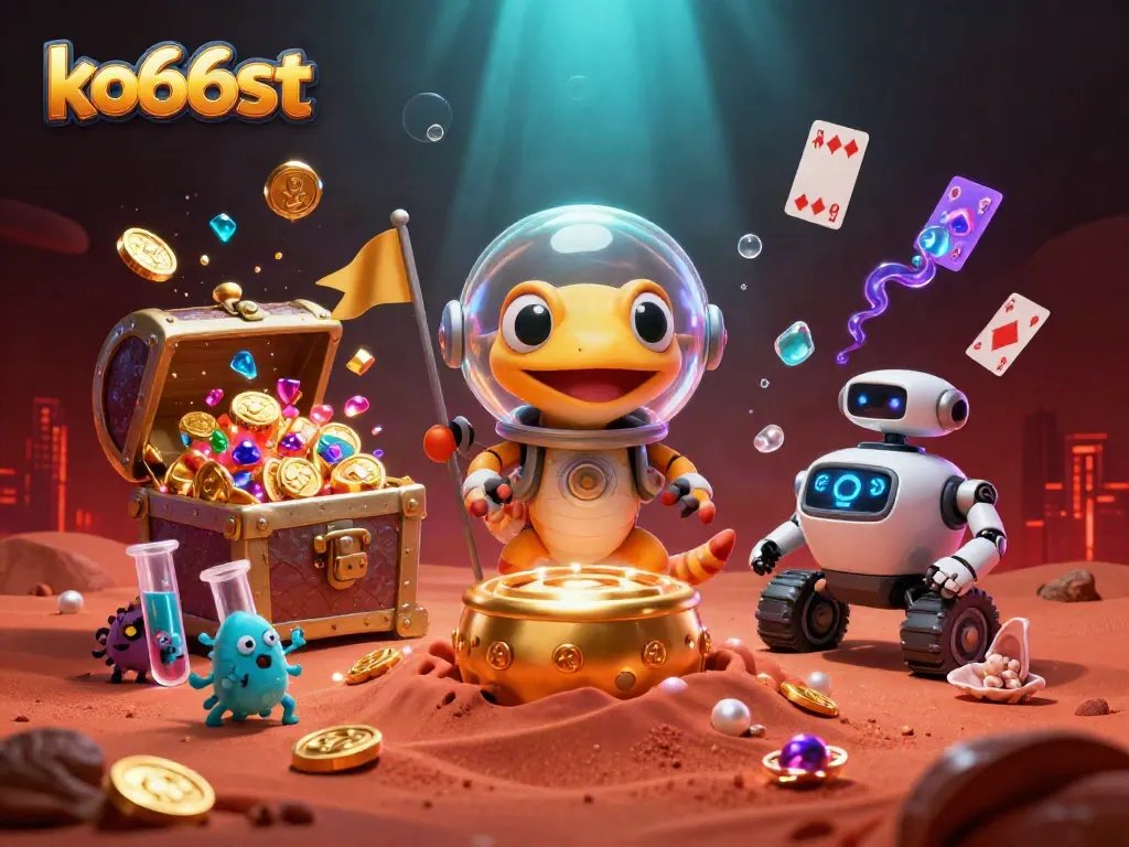Experience the excitement of ko66st with a Martian gecko in a space suit uncovering a golden casino, surrounded by casino elements.
