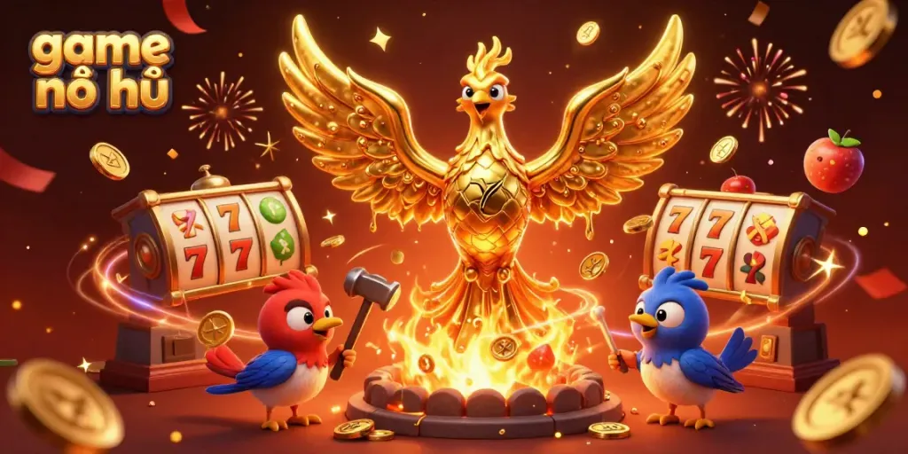Experience thrilling game nổ hũ action with a phoenix and jackpot symbols in a vibrant casino scene.