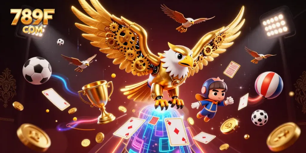 Watch the 789F COM eagle soar amidst holographic cards and sports elements in a vibrant casino scene.