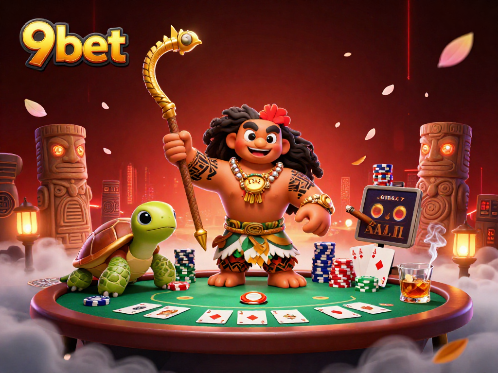Engage in spirited poker sessions with 9bet, featuring a dynamic, colorful casino illustration.