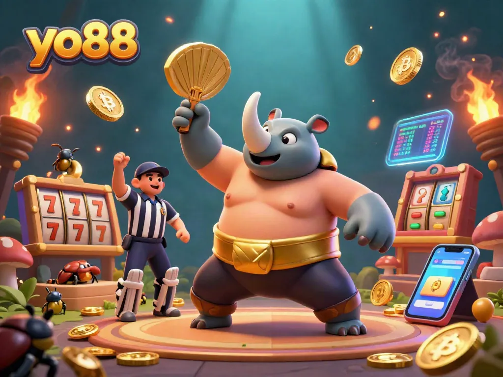 Experience thrilling gaming at yo88 with vibrant illustrations of a sumo beetle champion amidst gleaming coins.