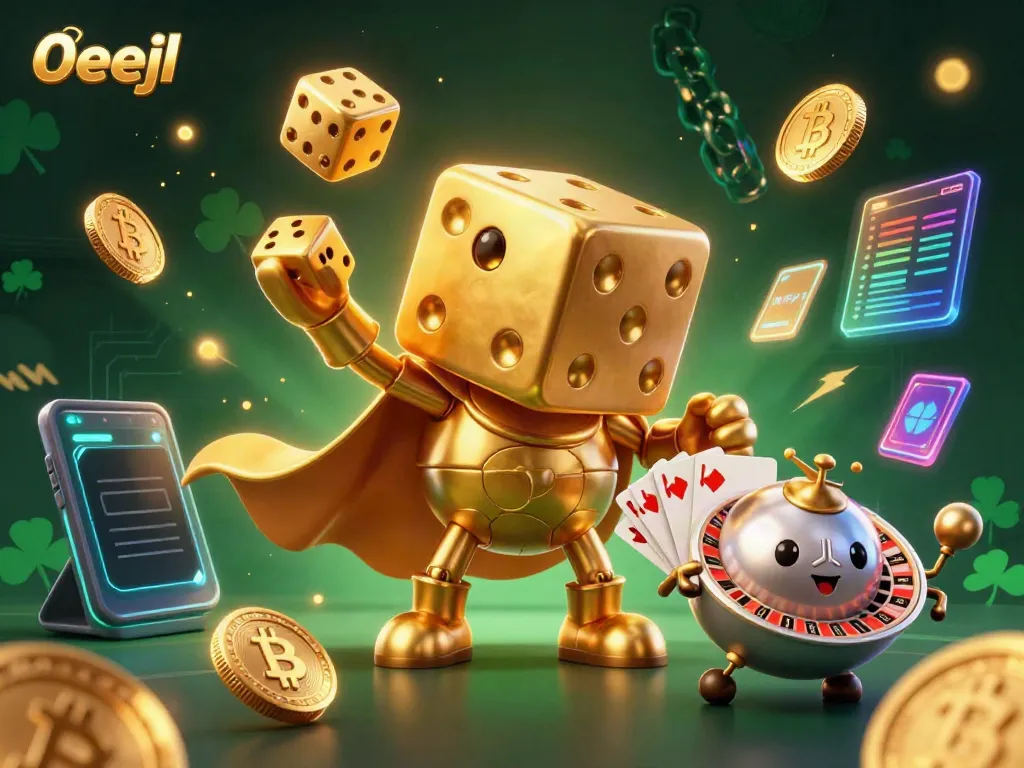 Experience thrilling casino action with 0eejl's lively 3D dice golem and vibrant crypto elements.
