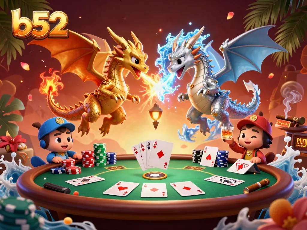 Experience dynamic b52 gaming action with colorful dragons and poker elements in a vibrant scene.