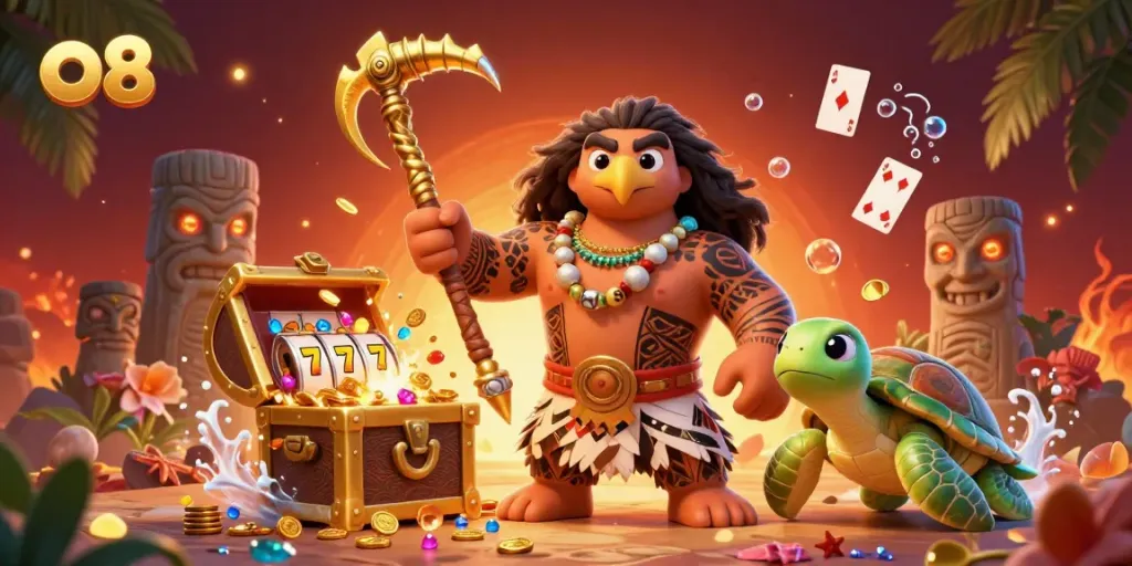 Experience thrilling gameplay at o8 as a demigod hawk and turtle uncover riches in this dynamic casino scene.