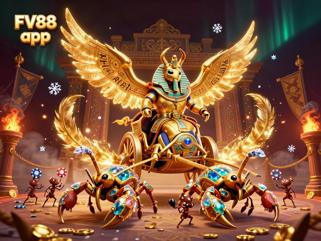 Engage with the FV88 app featuring a golden scarab and scorpions in a vibrant casino-themed scene.