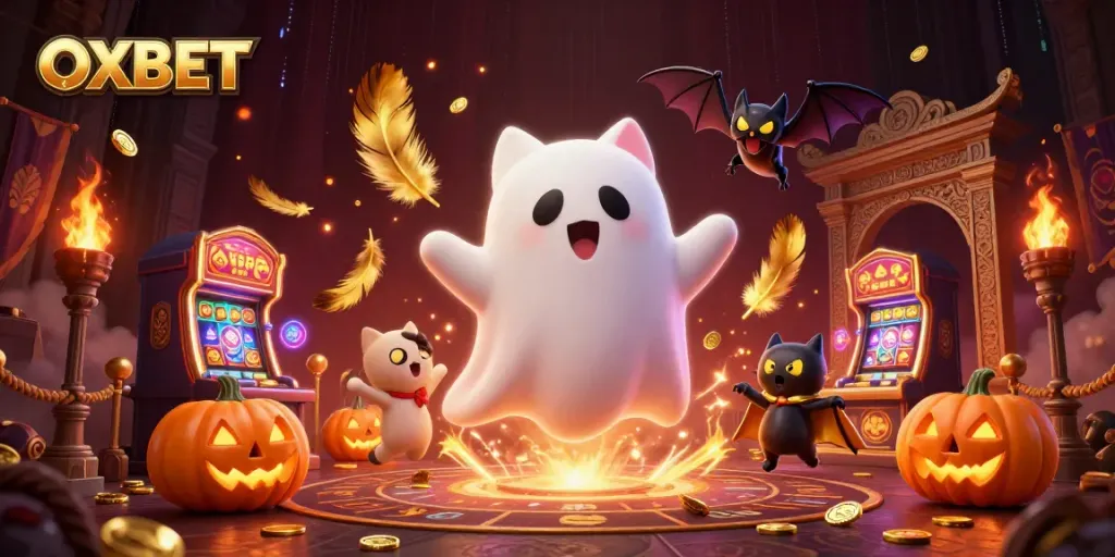 Experience thrilling OXBET casino adventures with ghost cat and bat in a vibrant haunted scene.