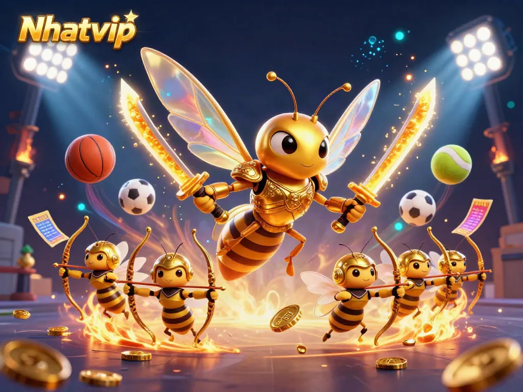 Nhatvip offers engaging online card games, showcased by a vibrant 3D illustration full of action.