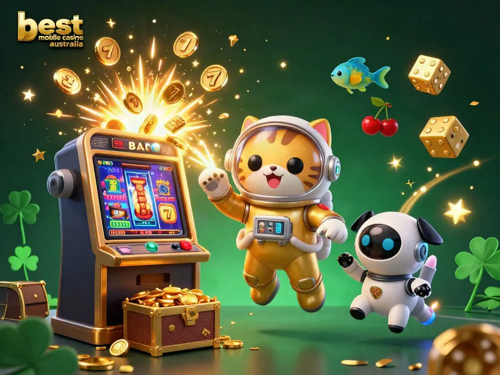 Experience the best mobile casino Australia with vibrant 3D characters and exciting game elements in a dynamic illustration.