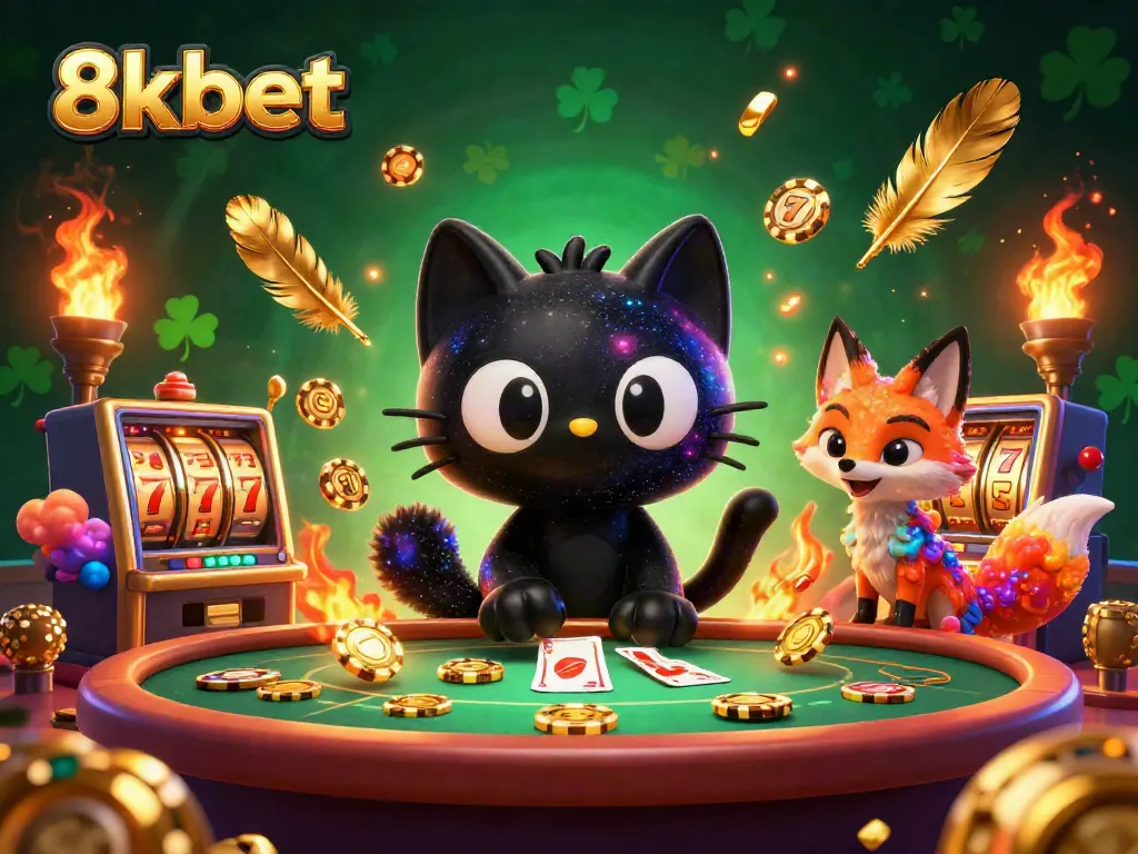 Experience the excitement of 8xbet with a cosmic casino scene featuring a black hole cat and nebula fox.