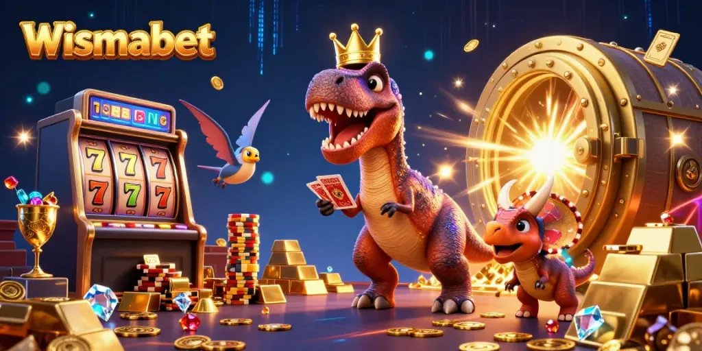 Menangkan hadiah besar di Wismabet dengan karakter dinosaur bersenang-senang menggelar kartu.