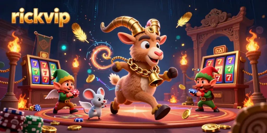 Engage in thrilling rickvip casino action with Krampus and playful characters amidst vibrant gaming elements.