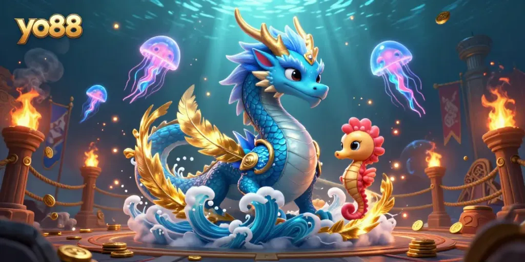 Spin to win with yo88, illustrated 3D scene of a dragon, seahorse knight, and neon jellyfish