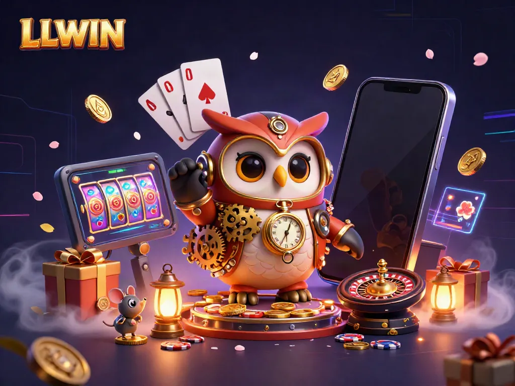 Experience the thrilling world of LLWIN with a captivating 3D scene featuring a time-traveler owl and casino themes.