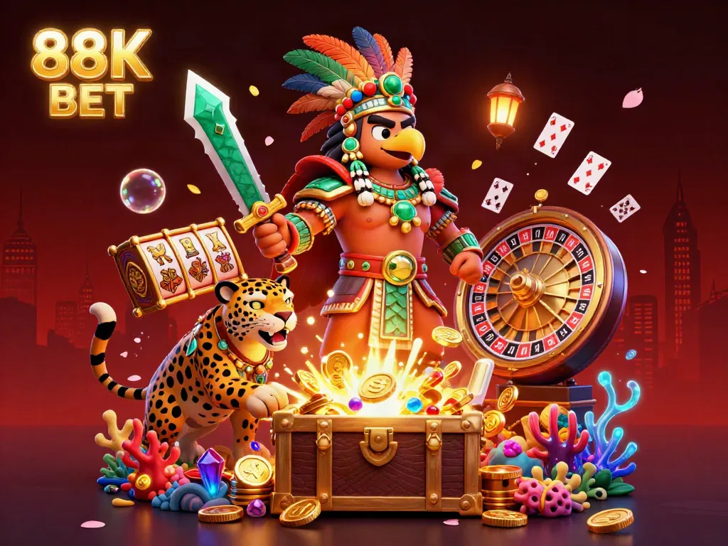 Experience the vibrant world of 88K BET with a thrilling casino scene featuring Aztec warriors, roulette, and treasure.