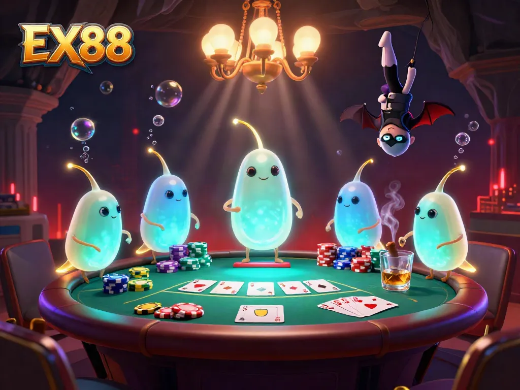 Engage with the lively EX88 casino scene as glowworms illuminate the vibrant poker table in rich detail.