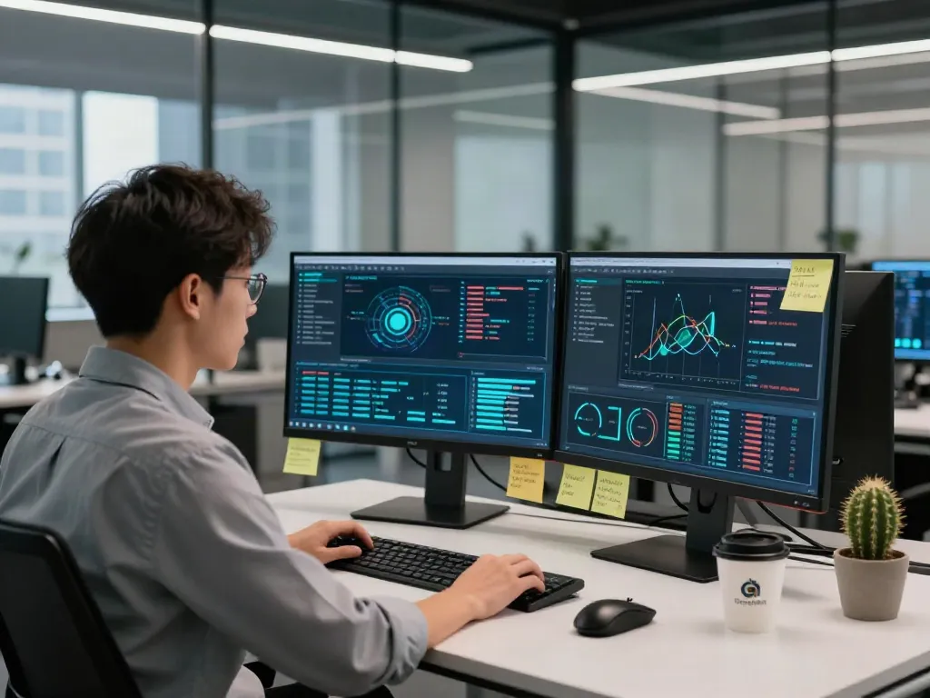 Cybersecurity analyst working on dual monitors displaying pecah404 threat alerts in a high-tech office.