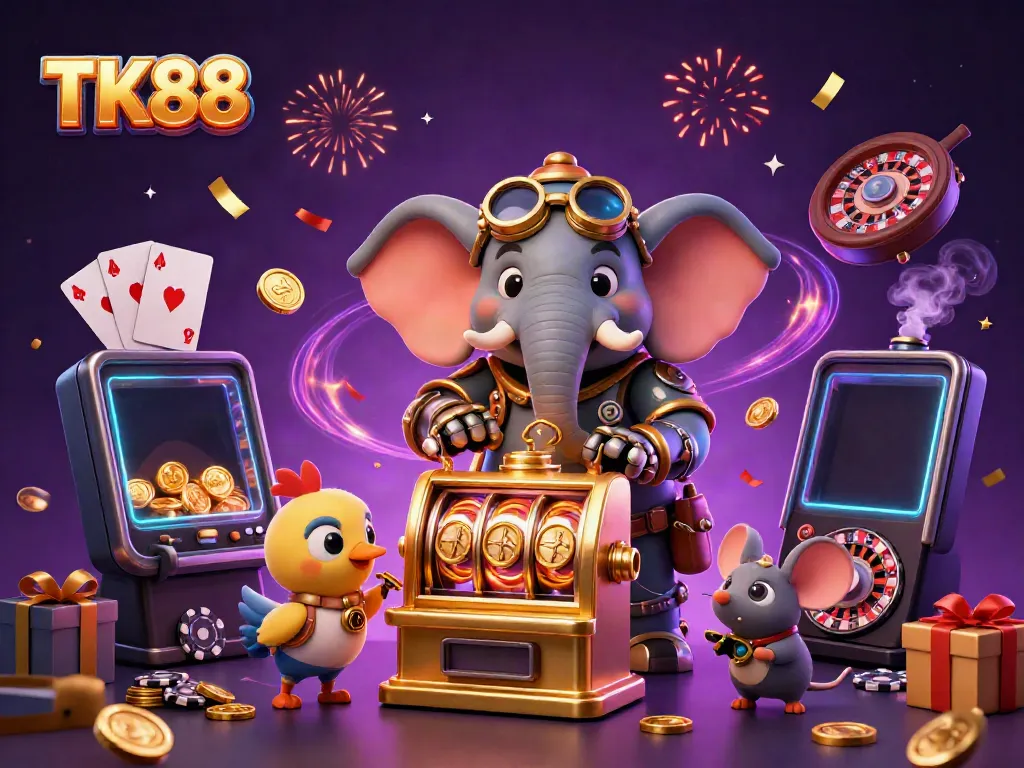 Spin winning reels with TK88 in a vibrant casino scene featuring a steampunk elephant engineer.