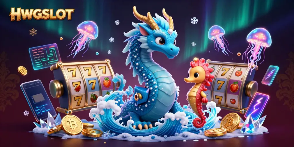 Engage in gaming with HWGSLOT featuring a vibrant dragon and seahorse amidst slot reels.