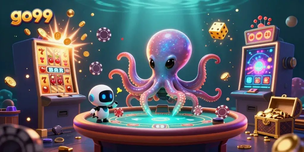 Engage in the vibrant world of go99 with a 3D alien octopus operating a dynamic poker table.