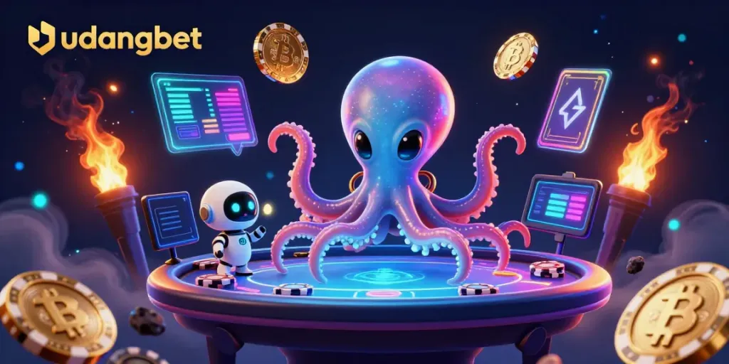Engage with udangbet in an exciting cosmic casino scene featuring an alien octopus and virtual gambling elements.