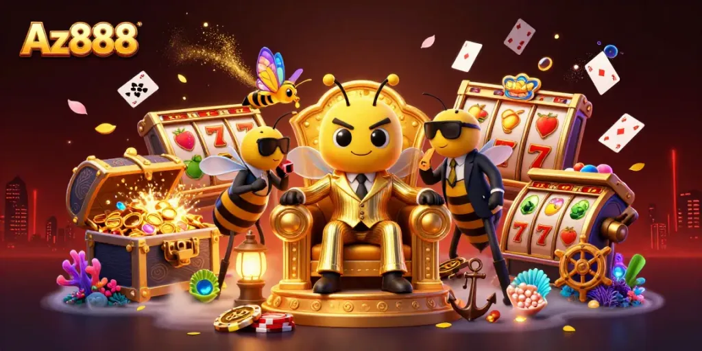 Experience Az888's thrilling casino excitement with vibrant slot reels and animated 3D characters.